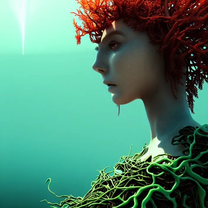 Image similar to female android dryad standing, entwined by seaweed and coral, deep ocean, surreal, light shining through, hyper - realistic, highly detailed, sharp focus, smooth, intricate, octane render