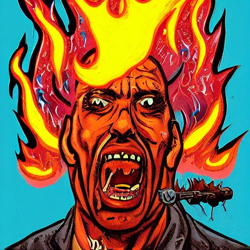 Prompt: a painting of a man with fire coming out of his mouth, poster art by Tim Doyle, behance contest winner, shock art, apocalypse art, artstation hq, poster art