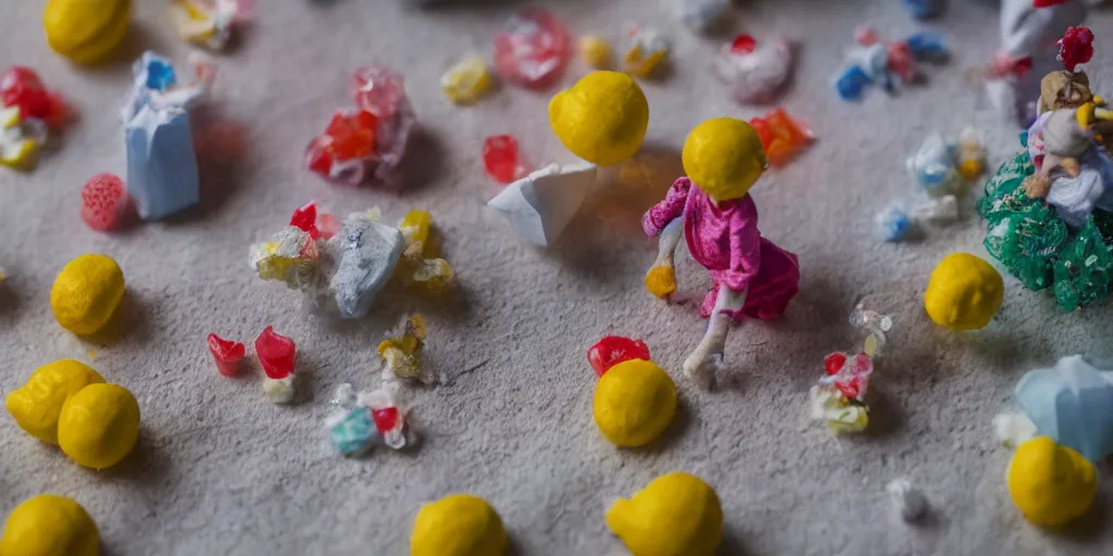 Image similar to a cinematic film still of a claymation stop motion film about a town made of lemons and candy, shallow depth of field, 8 0 mm, f 1. 8