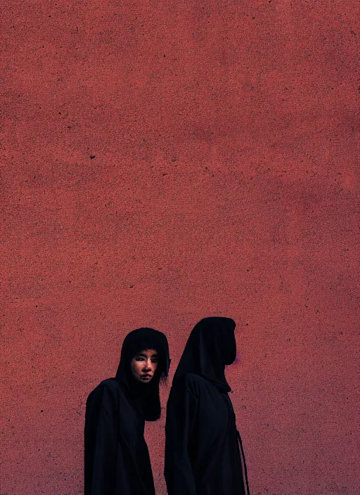 Image similar to cinestill 5 0 d photographic portrait of 2 women wearing black techwear in front of a brutalist sharp - edged metal building, closeup, on a desolate plain with a red sky, dystopia, cyberpunk, closeup, depth of field, 4 k, 8 k, hd, full color