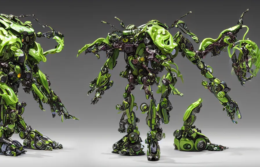 Image similar to amphibious waterlily mobile suit combat mecha textured like water lettuce whose head and top half is shaped like nymphaea flower, cinematic lighting, petals being robotic limbs, waterlily pads, biomechanical, hyperdetailed, bandai box art, 8 k hd resolution, behance hd artstation. # power armor # pistia # waterlily # nymphaea