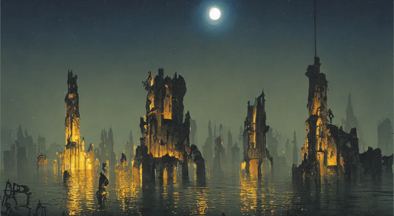 Prompt: a high contrast painting of a flooded ancient tower at night by chris foss simon stalenhag carl spitzweg rene magritte roger dean, full-length view, highly detailed, vibrant colors, extremely high contrast!, symmetry, great composition, high detail, cinematic lighting, award winning masterpiece, trending on artstation