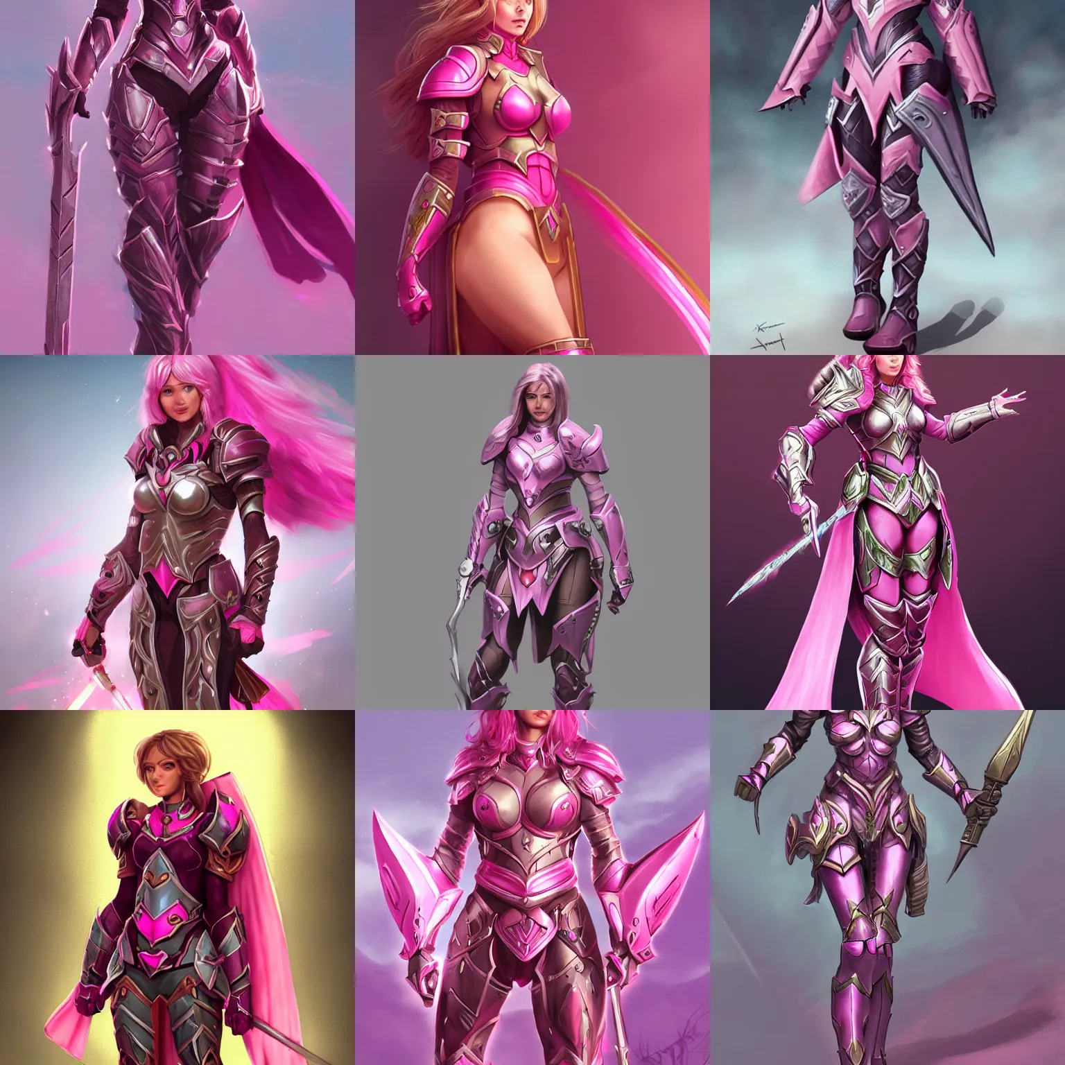 Prompt: paladin woman, beautiful, pink armor, fantasy, 🍑, artstation