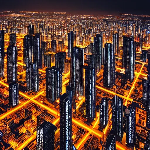 Prompt: Birds eye view of a metropolis at night, rectangular city grid with narrow streets, tall brutalist architecture buildings, city lights spilling upwards above the top of the buildings,