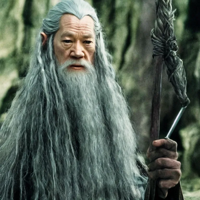 Image similar to film still of Lucy Liu as Gandalf in Lord of the Rings,