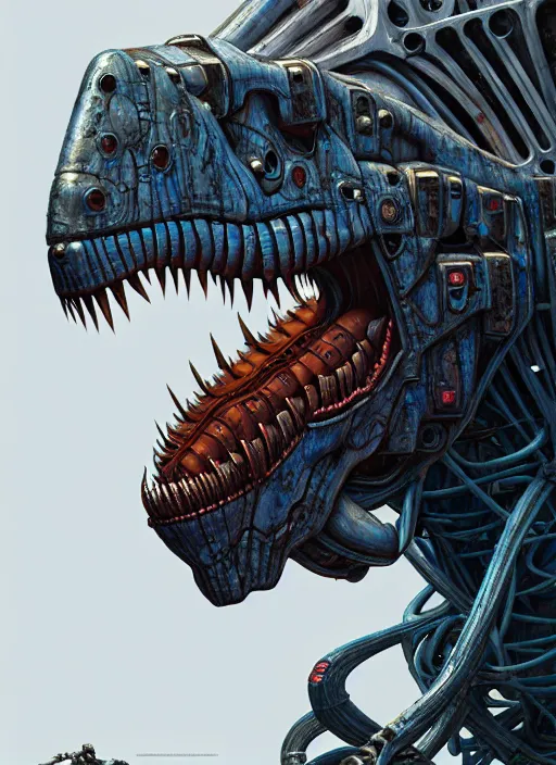 Image similar to trex in a mech suit, by roberto aizenberg, zezhou chen, peter gric, boris artzybasheff and hr giger, hyper detailed, screen print, character concept art, hyperrealism, coherent, cgsociety, zbrush central, behance hd, hypermaximalist