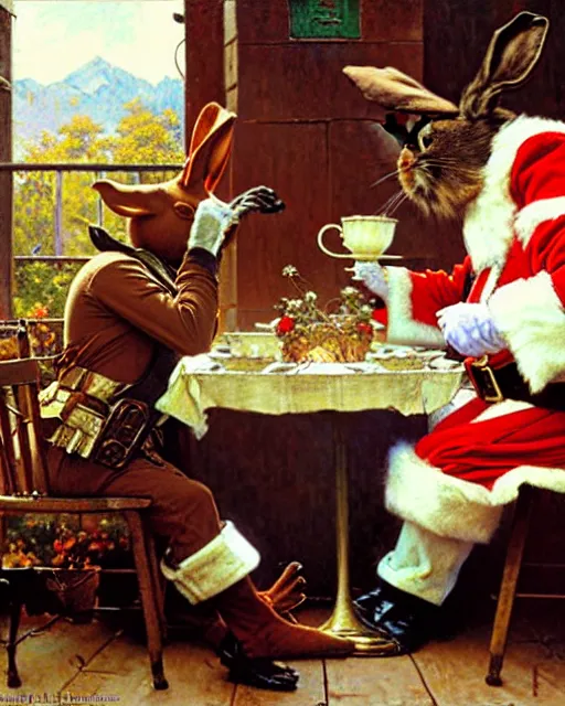 Image similar to easter bunny and santa having tea at high noon, painting by gaston bussiere, craig mullins, j. c. leyendecker, norman rockwell