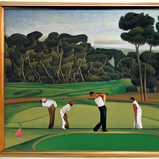 Image similar to Three golfers on a beautiful golf course driving range, by Diego Rivera