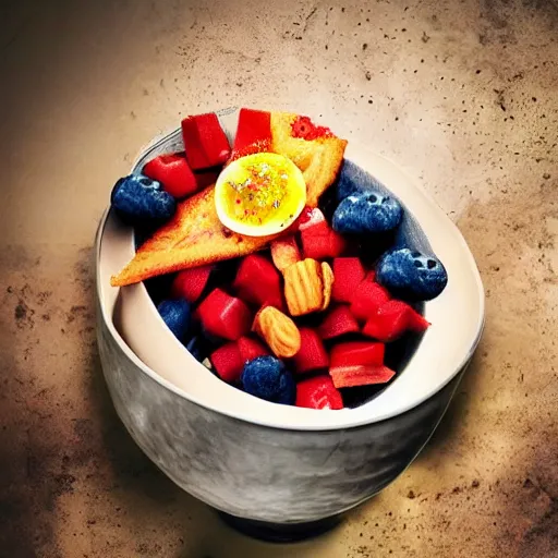 Prompt: studio lighting, photo of a cereal!! bowl!! shaped as bowie head, space oddity, healthy breakfast,