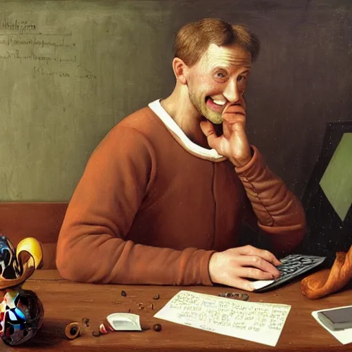 Image similar to a happy man studying soccer on his computer, detailed, highly detailed, heroic, epic, complex, very detailed, realistic, HD quality, 8k resolution, body and headshot, Oil Painting, Italian Renaissance Painting of Jerma985, Italian Renaissance Painting Style, Renaissance Painting Style, Painting, Trending on Artstation