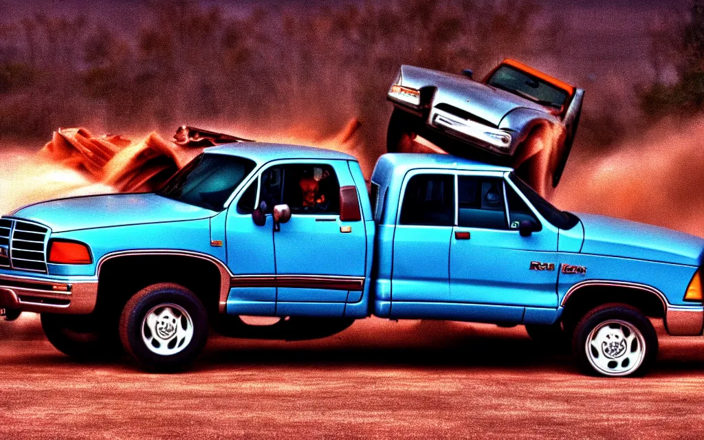 Prompt: 1 9 9 0 s dodge ram truck driving over and crushing ford trucks photo 4 k