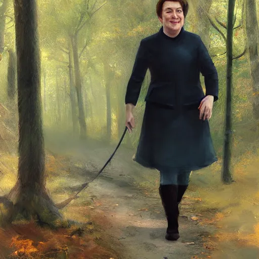 Image similar to supreme court justice elena kagan going for a walk in the woods, digital art by ruan jia and mandy jurgens and artgerm, highly detailed, trending on artstation, award winning