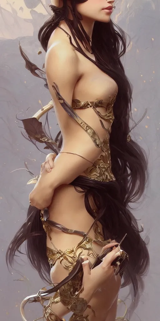 Prompt: an attractive young female, olive skin, long dark hair, beautiful bone structure, intricate, elegant, highly detailed, digital painting, artstation, concept art, smooth, sharp focus, illustration, art by artgerm and greg rutkowski and alphonse mucha