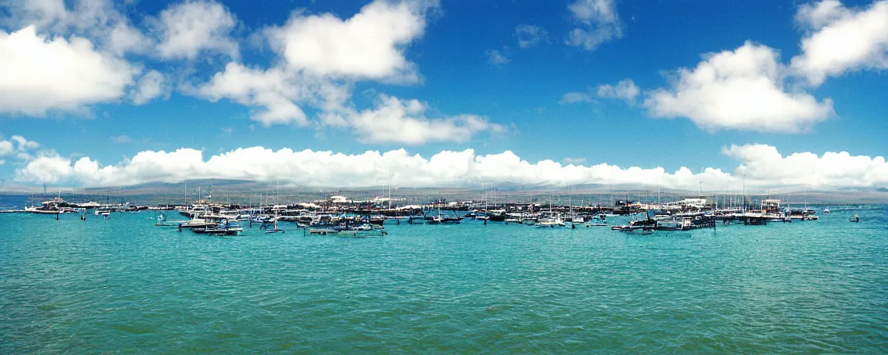 Prompt: 35mm photo Lahaina Harbor, Maui, Hawaii, ocean and sky by June Sun