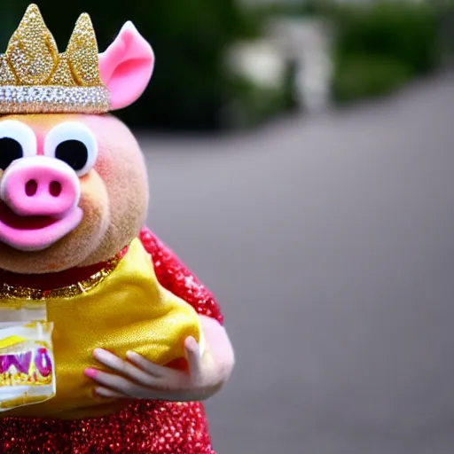 Image similar to pig wearing a gold crown as a Muppet holding an arm full of different snack bags 8k