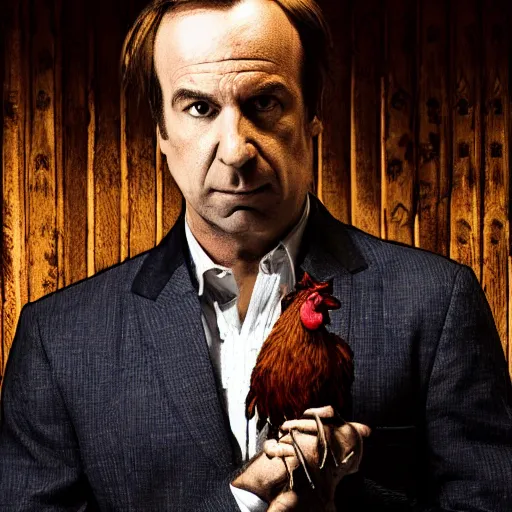 Image similar to saul goodman and a rooster in a medieval torture chamber, saw blades and knives in the background, horror movie, saul goodman, rooster, real life photo, detailed face