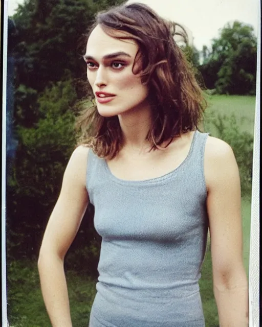 Prompt: you can see keira knightley in this old polaroid taken at teddington in 1 9 9 6