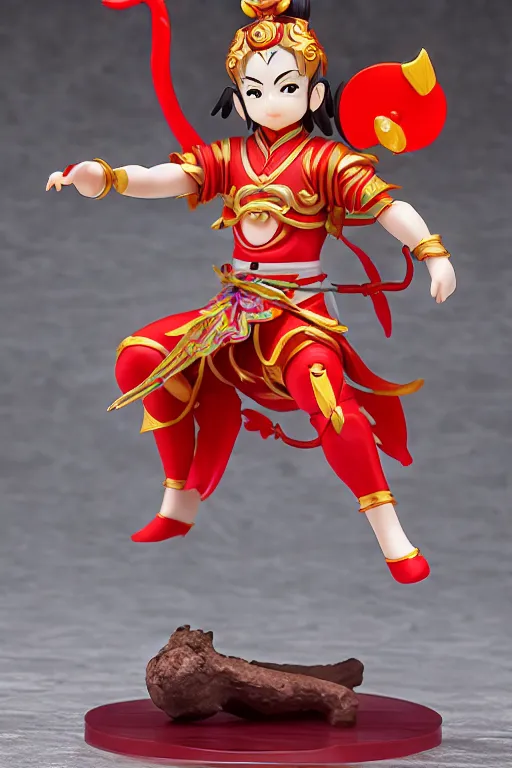 Image similar to arty chinese mythology ne zha nendoroid full body hyperdetalied, hero pose, osamu tezuka, macoto takahashi, chibi, q posket, 8 k realistic, 3 d, cryengine, exquisite, red cloth around his shoulders, hold spear, ne zha ( 2 0 1 9 ), fenghua zhong,