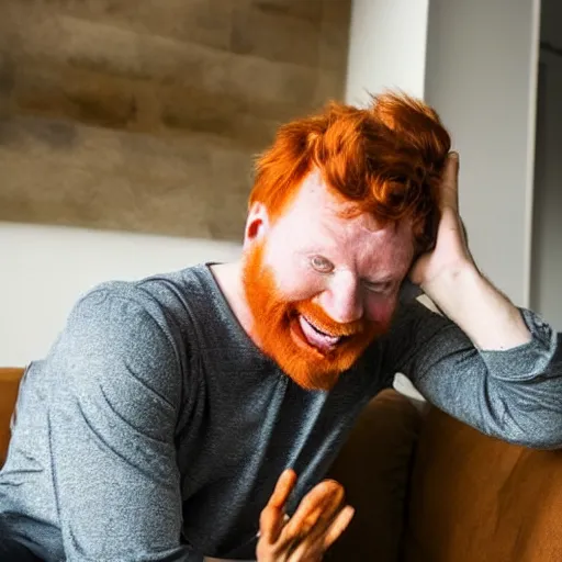 Image similar to professional photography of a drunk ginger haired man slouched on the couch smiling wearing a cone on his head stock photo