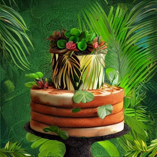 Image similar to jungle cake, ultra realistic, ultra detailed, lush, beautiful, digital art,