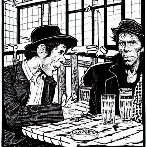Prompt: Tom Waits and Iggy Pop in a pub by Robert Crumb