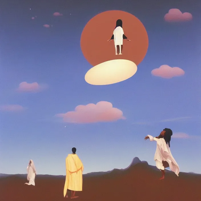 Image similar to UFO hovering over an African Jesus , clouds, painting by Hsiao-Ron Cheng,
