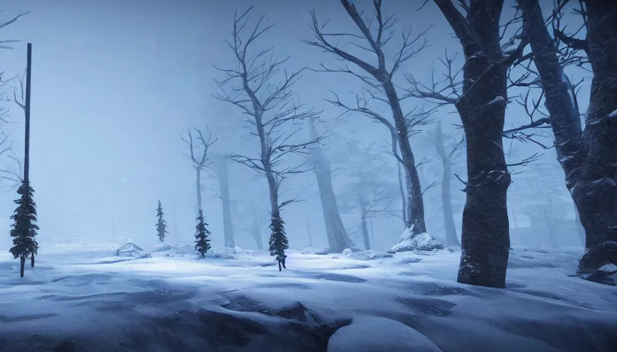 Prompt: Unreal Engine Survival Game in a blizzard, Heavy Thick snow, Fog and Mist, Beautiful dark Landscape, Distant Lights, Hyperrealistic, Hyperdetailed, Concept Art