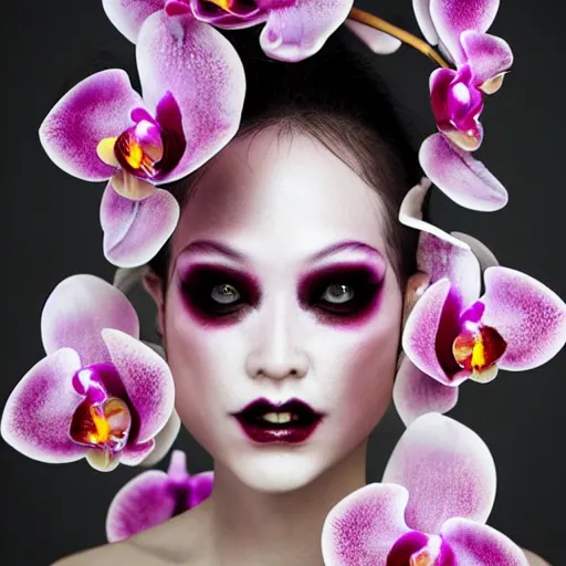 Prompt: a demon inspired by orchids created by the make up artist hungry, photographed by andrew thomas huang, cinematic, expensive visual effects