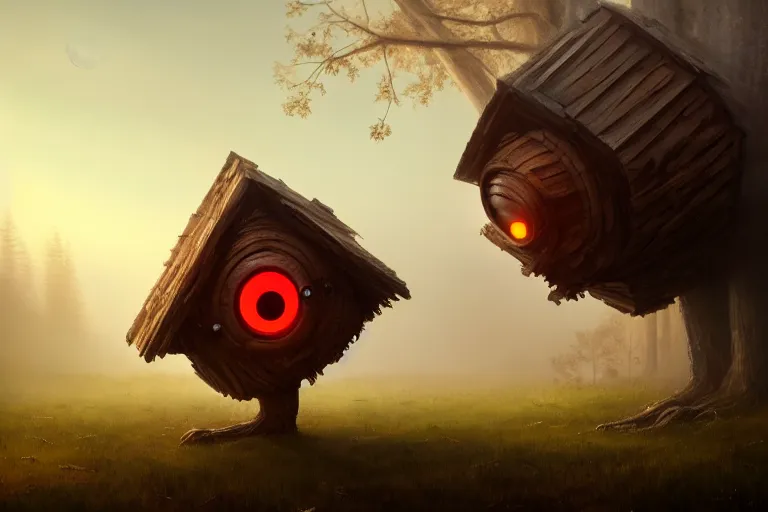 Prompt: a walking wood house with two mechanical legs and two glowing eyes, rust, hyperrealistic, pareidolia, highly detailed, cinematic, single ray of sun, fog, beautiful, cgssociety, artstation, 8 k, oil painting