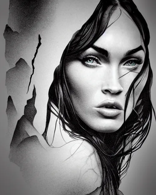 Image similar to megan fox face mash up with beautiful mountains, in the style of dan mountford, tattoo sketch, double exposure, hyper realistic, amazing detail, black and white