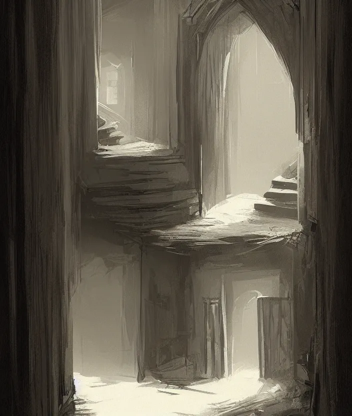 Image similar to a door at the end of a long dark staircase leading down and a dark corridor by raphael lacoste, trending on artstation