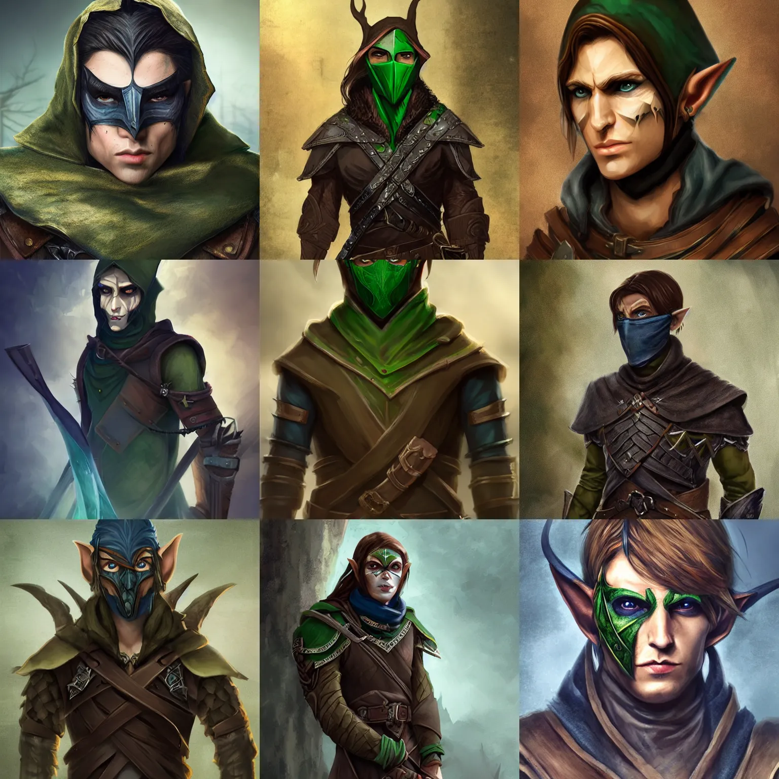 Prompt: Male Wood Elf Rogue, dnd, d&d, dark blue leather armor, black bandana mask, Chest Guard, Brown Hair, green eyes, visible face, pretty face features, high fantasy, matte painting, by wlop