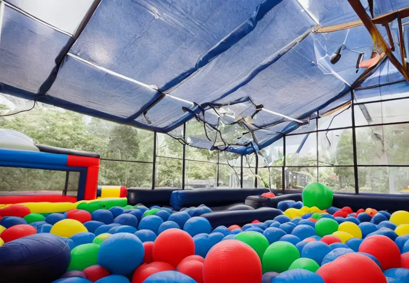 Image similar to A bouncy house with a ball pit and a large black trampoline next to it inside a big empty room with light coming through windows