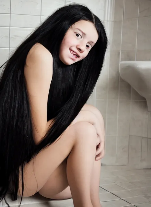 Prompt: a 1 4 year old girl with straight long black hair wearing black dress that sitting on bathroom floor