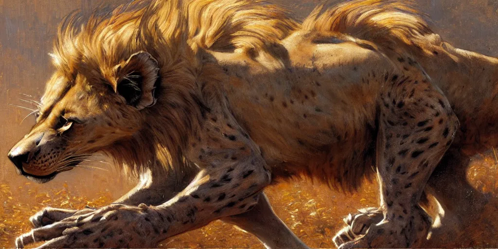 Image similar to an exhausted lion hyena in tshit and jeans. highly detailed painting by gaston bussiere, craig mullins, j. c. leyendecker 8 k