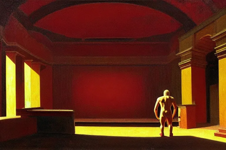 Prompt: yellow ranger, crowd screaming, an exposed picture in a roman theater is trying to be sold by an old man, in the style of beksinski, parts by edward hopper, parts by rodcenko, parts by yue minjun, intricate and epic composition, red by caravaggio, insanely quality, highly detailed, masterpiece, red light, artstation, 4 k