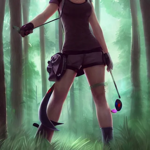 Prompt: a portrait of jennifer lawrence as a pokemon trainer, in a dark forest, extremely detailed digital art, trending on artstation hyper realistic matte painting, by wlop, art germ