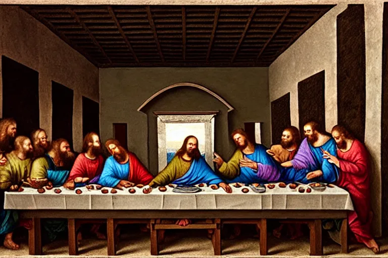 Prompt: a failed restoration attempt of the last supper