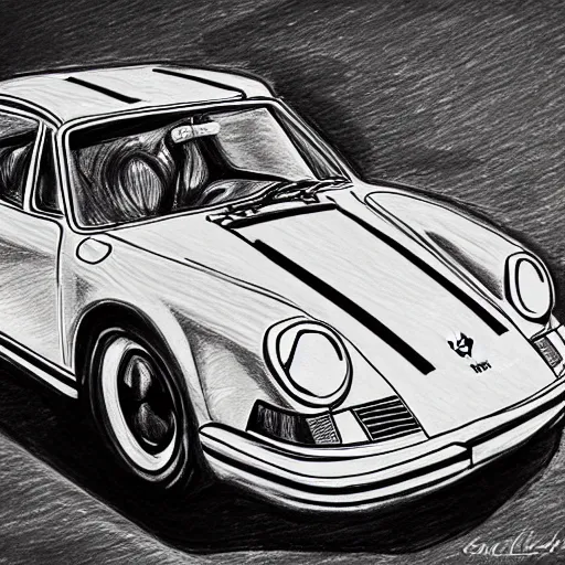 black and white pencil sketch of a porsche 9 1 1 9 6 4 | Stable 