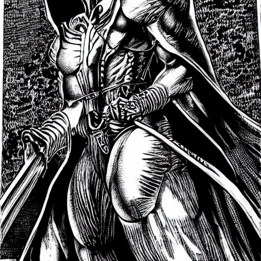 Prompt: Shrike from Hyperion by Kentaro Miura, highly detailed, black and white