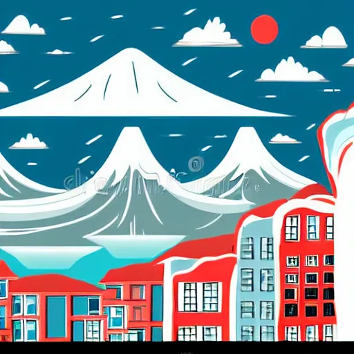 Image similar to giant tsunami wave that is 20 miles high, approaching about to crash into a small coastal town. miniature buildings compared to giant waves are so tall, they seem to touch the sky, large scale image, cartoon color drawing vector illustration, 2d photorealistic flat anime style