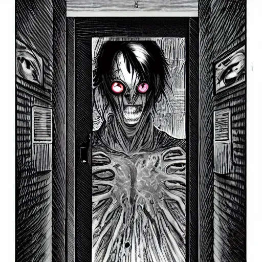 Image similar to midnight horror creepy eye staring at you through a barely open door, peeking at you in the dark nighttime, cracked open door barely ajar door, horrific dread monster barely visible to by yoji shinkawa apophasis junji ito shintaro kago 8 k