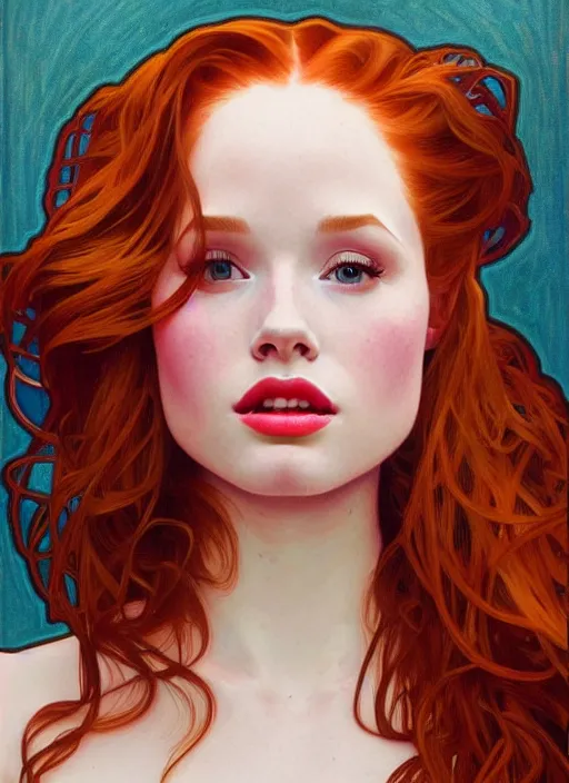 Prompt: oil portrait of madelaine petsch, intricate, elegant, highly detailed, lighting, painting, artstation, smooth, illustration, art by greg rutowski and alphonse mucha