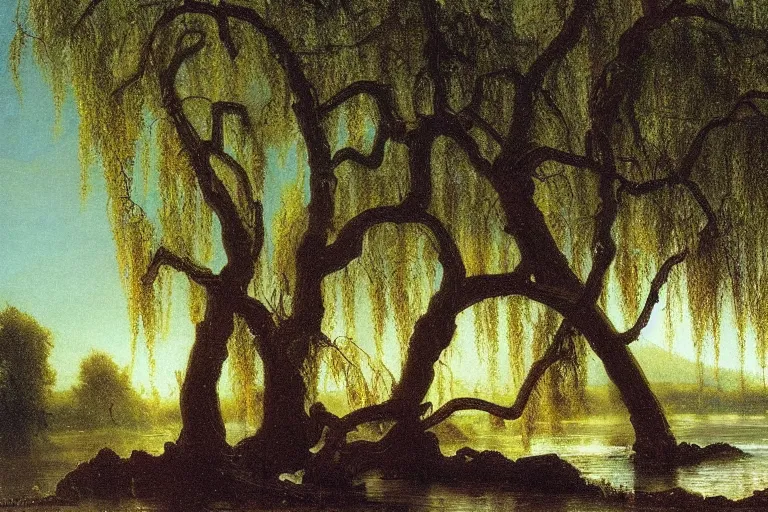 Prompt: oil painting of a detailed willow tree next to a raging river on a sunny day by albert bierstadt