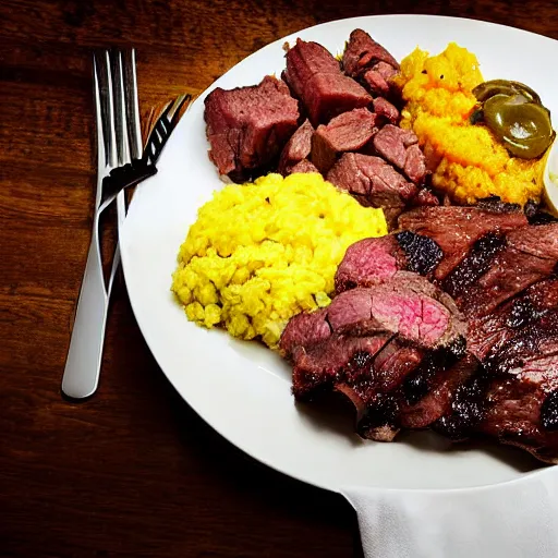 Prompt: brazilian steakhouse lunch, plate full of meat and polenta, highly detailed photograph, sharp focus