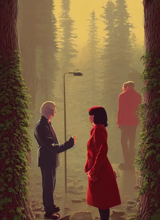 Prompt: Twin Peaks movie poster artwork by Tomer Hanuka, Michael Whelan, Patryk Hardziej, Makoto Shinkai and thomas kinkade, by Gregory Crewdson, Rendering of a rose by the door of the red cheveron pattern room full of details, Matte painting, trending on artstation and unreal engine