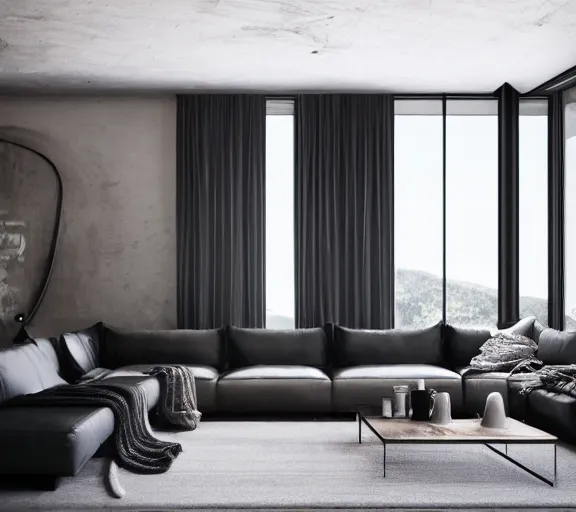 Image similar to brutalist black mansion luxury living room open space tall windows interior design minimalist organic, organic architecture furniture open space high quality octane render blender 8 k