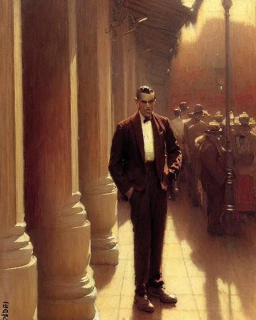 Image similar to attractive man waiting in line to audition for a hollywood movie, paramount movie lot 1 9 2 8 melancholy, nostalgia, painting by gaston bussiere, craig mullins, j. c. leyendecker