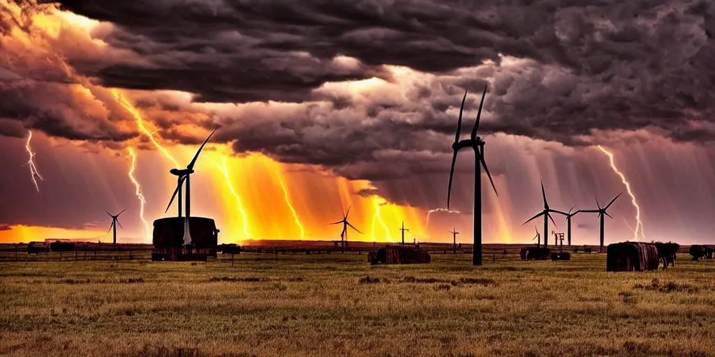 Prompt: photo of a stormy west texas sunset, perfect rustic pumpjack!, ( ( ( wind turbine ) ) ), abandoned train!!, horses!!!!!!, cows!!!!!!, high resolution lightning, golden hour, high detail, beautiful!!!