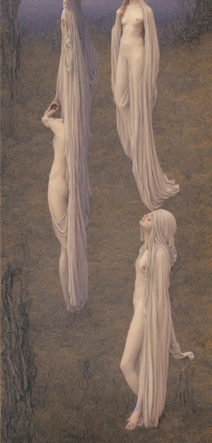 Prompt: thin young beautiful with long wispy grey hair, wearing robes, glfemale goddess, oil on canvas jean delville and ralph maquarrie, 4 k resolution, calm serene aesthetics